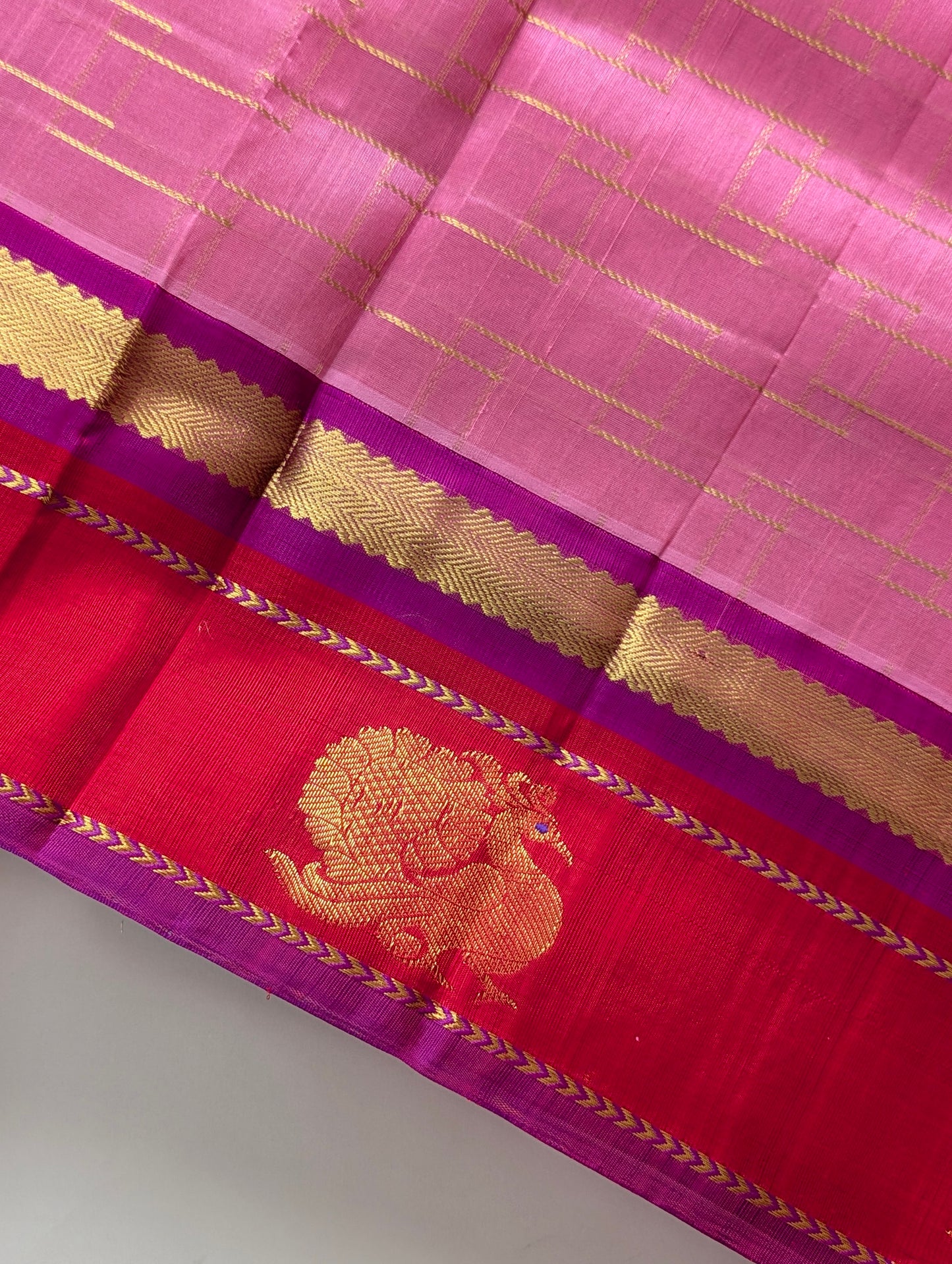Pink with Red Peacock Big Border Pure Kanchi Silk Cotton