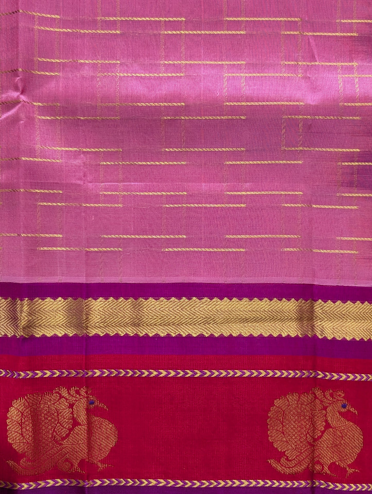 Pink with Red Peacock Big Border Pure Kanchi Silk Cotton