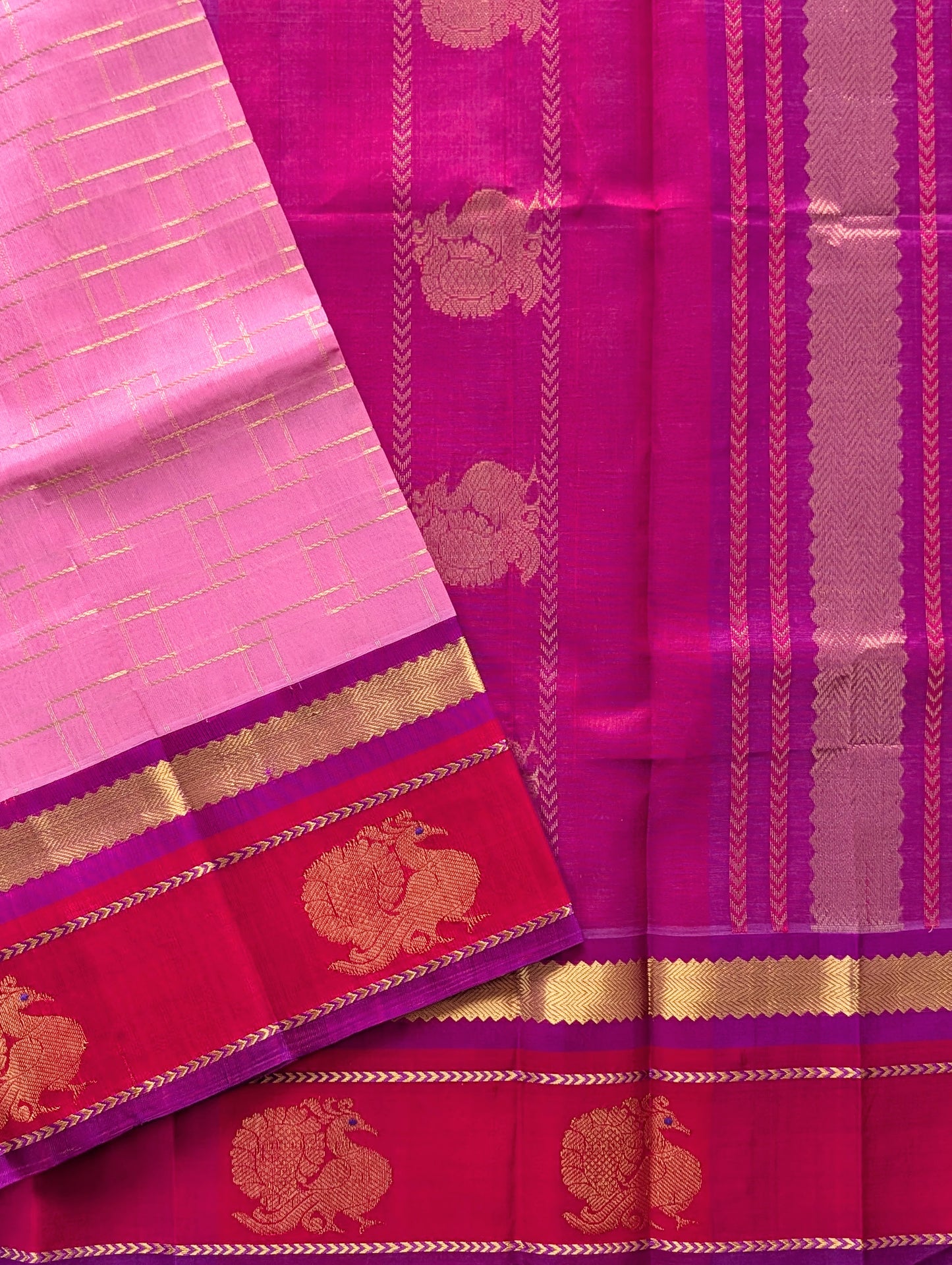 Pink with Red Peacock Big Border Pure Kanchi Silk Cotton