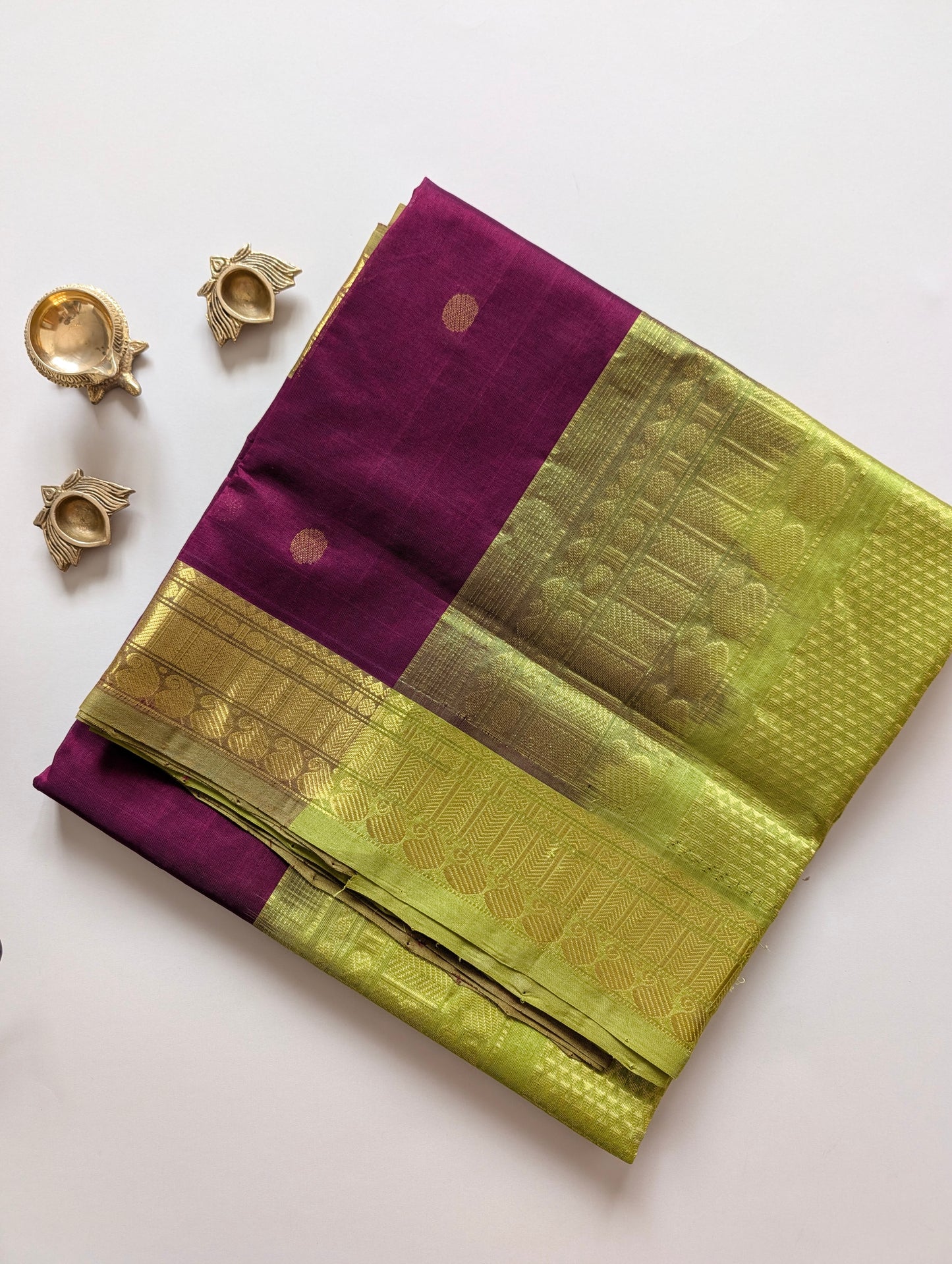 Brown with Leaf Green  Koravi Pure Kanchi silk cotton