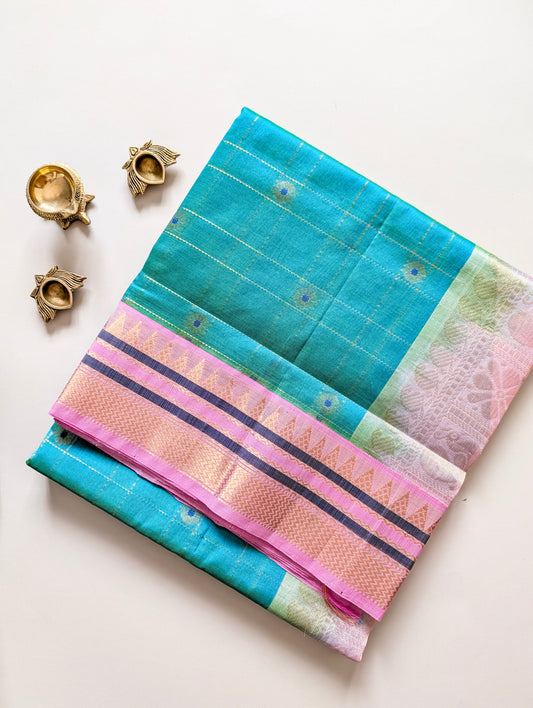 Blue with Baby Pink checks and Buttas Koravi Pure Kanchi silk cotton
