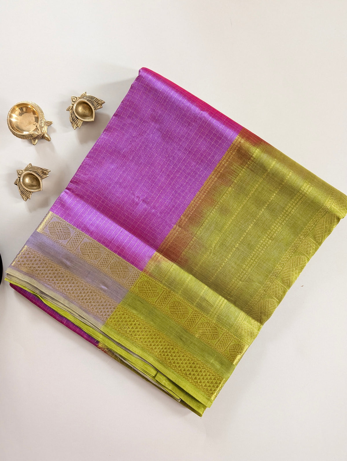 Lavender with Leaf Green pure Kanchi silk cotton