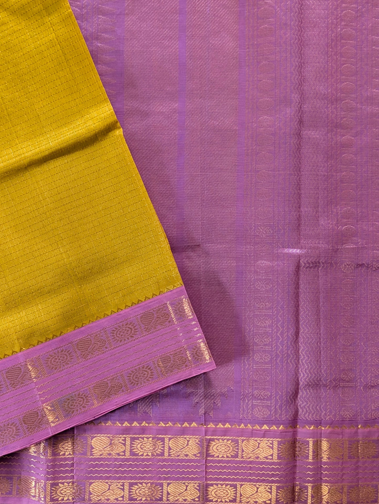 Yellow with Lavender pure Kanchi silk cotton