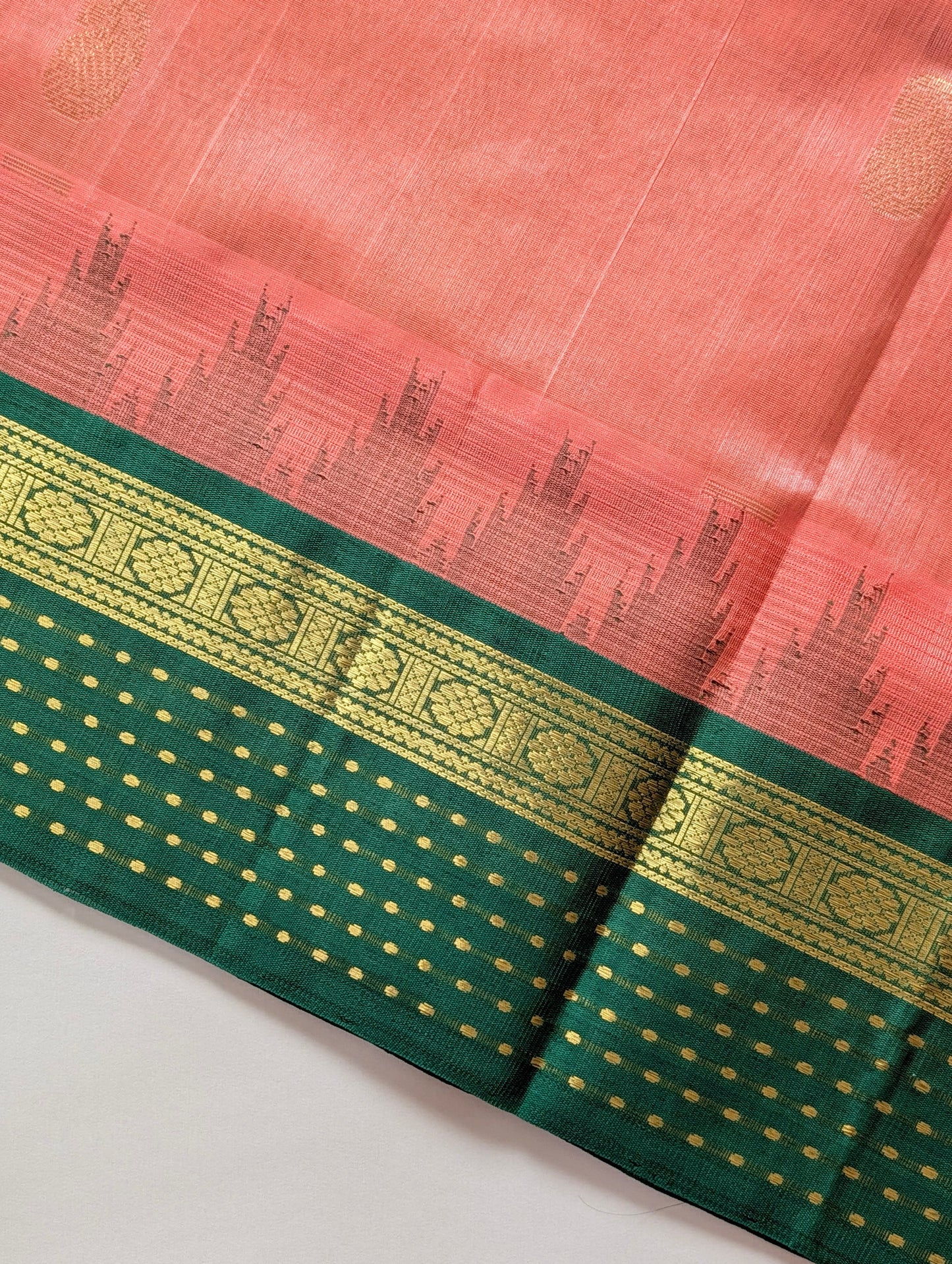 Kanakambara Orange with Green temple border Kanchi silk cotton