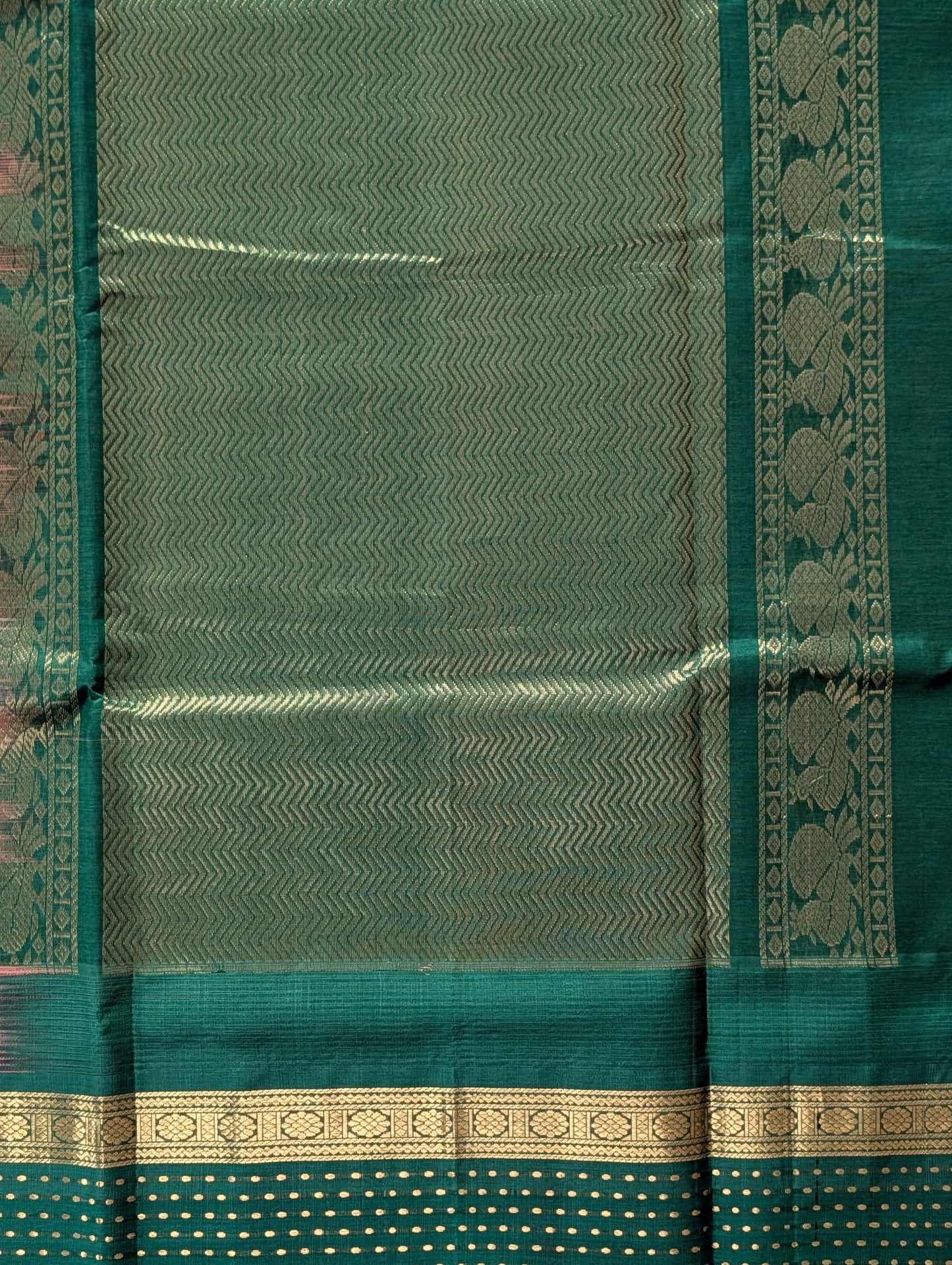 Kanakambara Orange with Green temple border Kanchi silk cotton