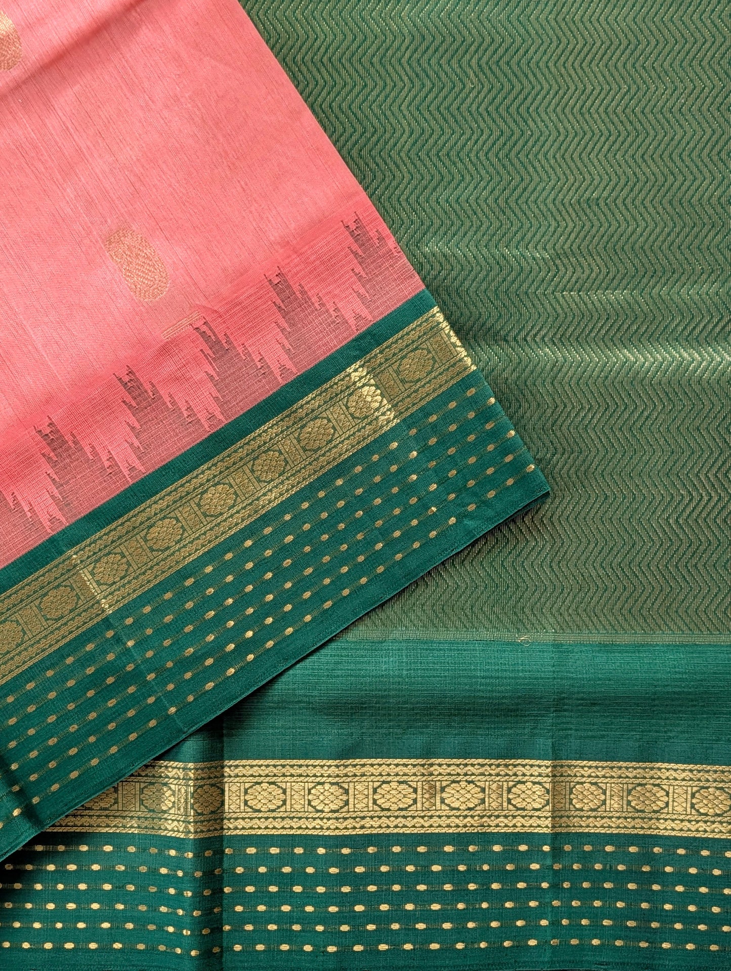 Kanakambara Orange with Green temple border Kanchi silk cotton