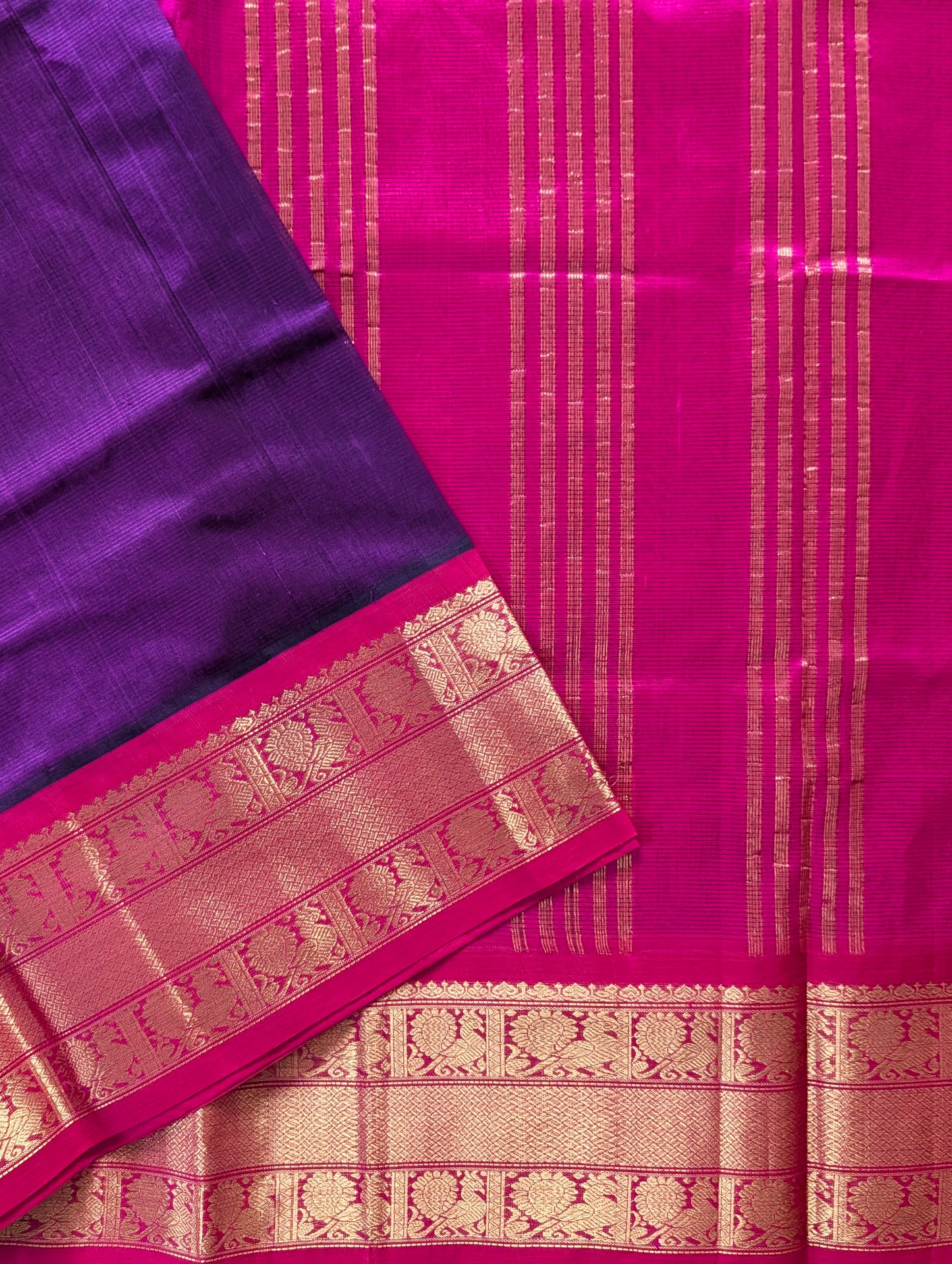 Purple with Pink Koravi Grand border Pure Kanchi silk cotton