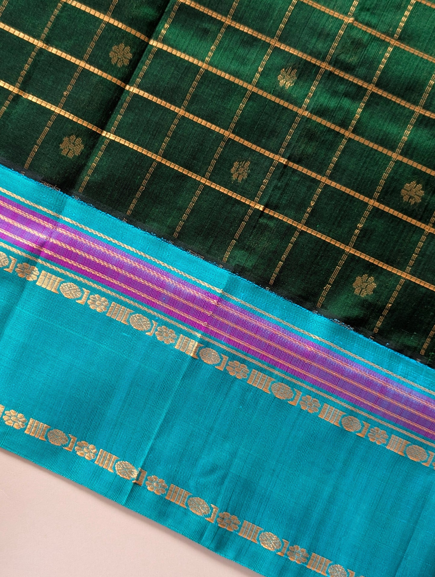 Green with Cyan floral checks Koravi Pure Kanchi silk cotton
