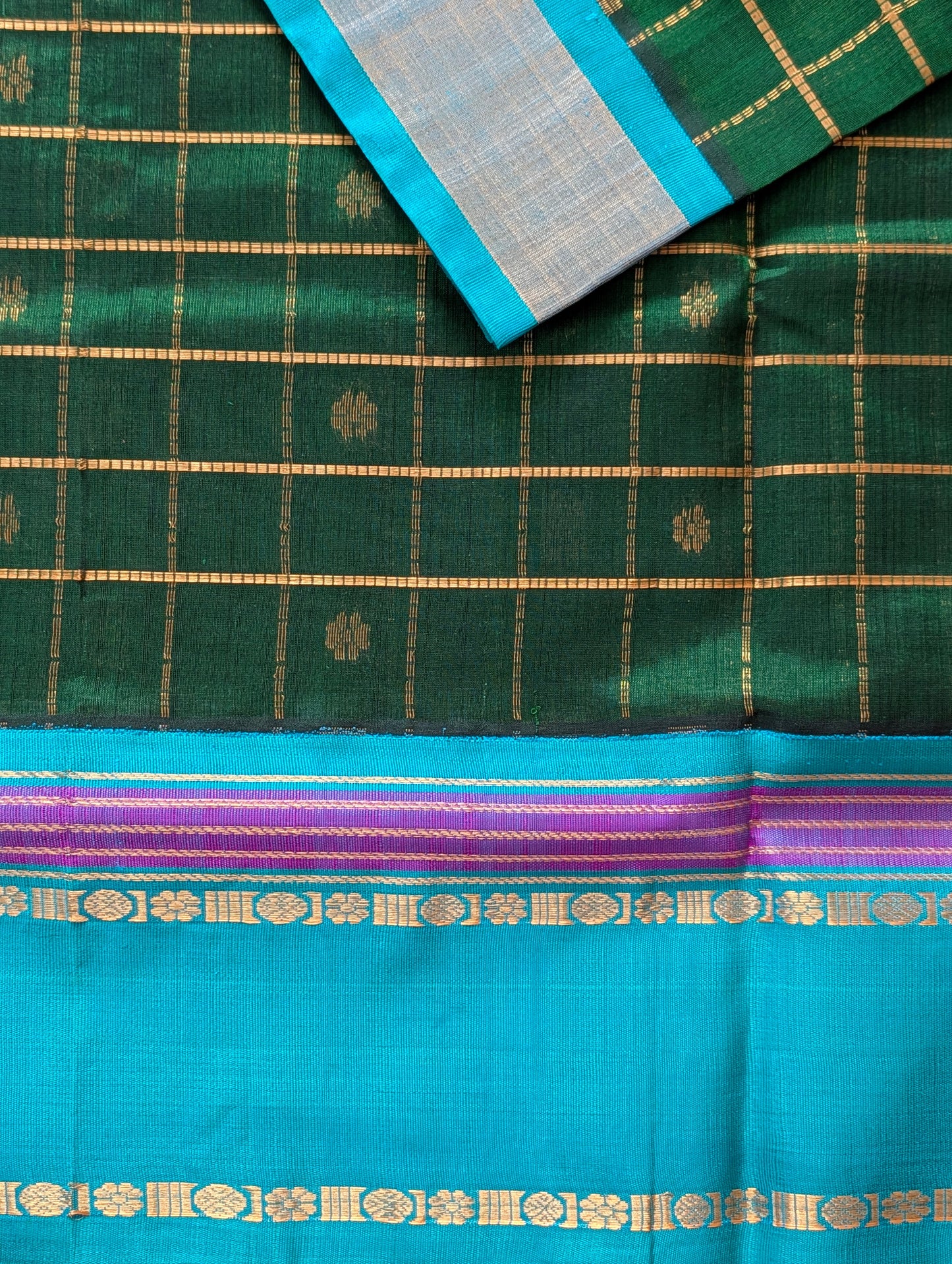 Green with Cyan floral checks Koravi Pure Kanchi silk cotton