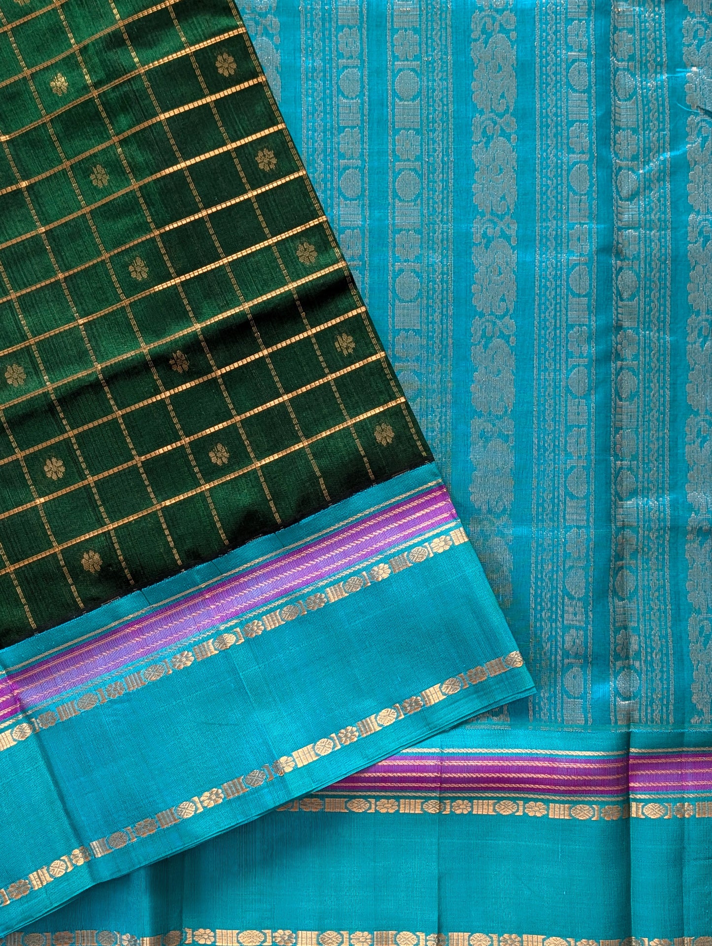 Green with Cyan floral checks Koravi Pure Kanchi silk cotton