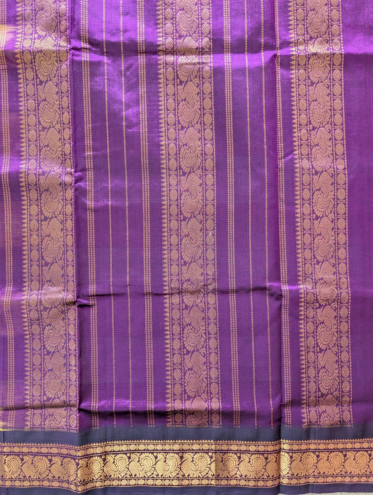 Purple and Teal Checks with Peacock motifs Pure Kanchi Silk Cotton
