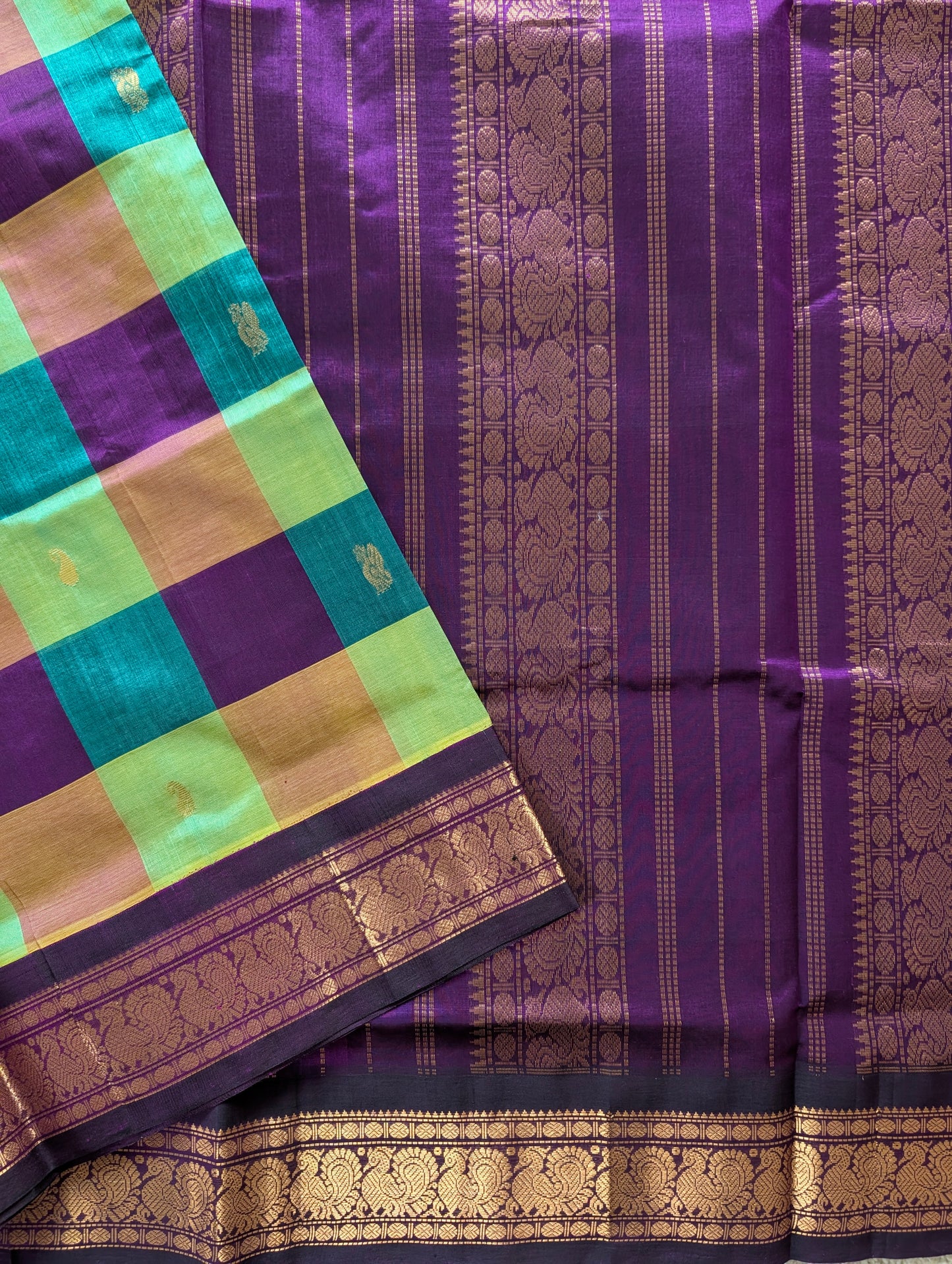 Purple and Teal Checks with Peacock motifs Pure Kanchi Silk Cotton