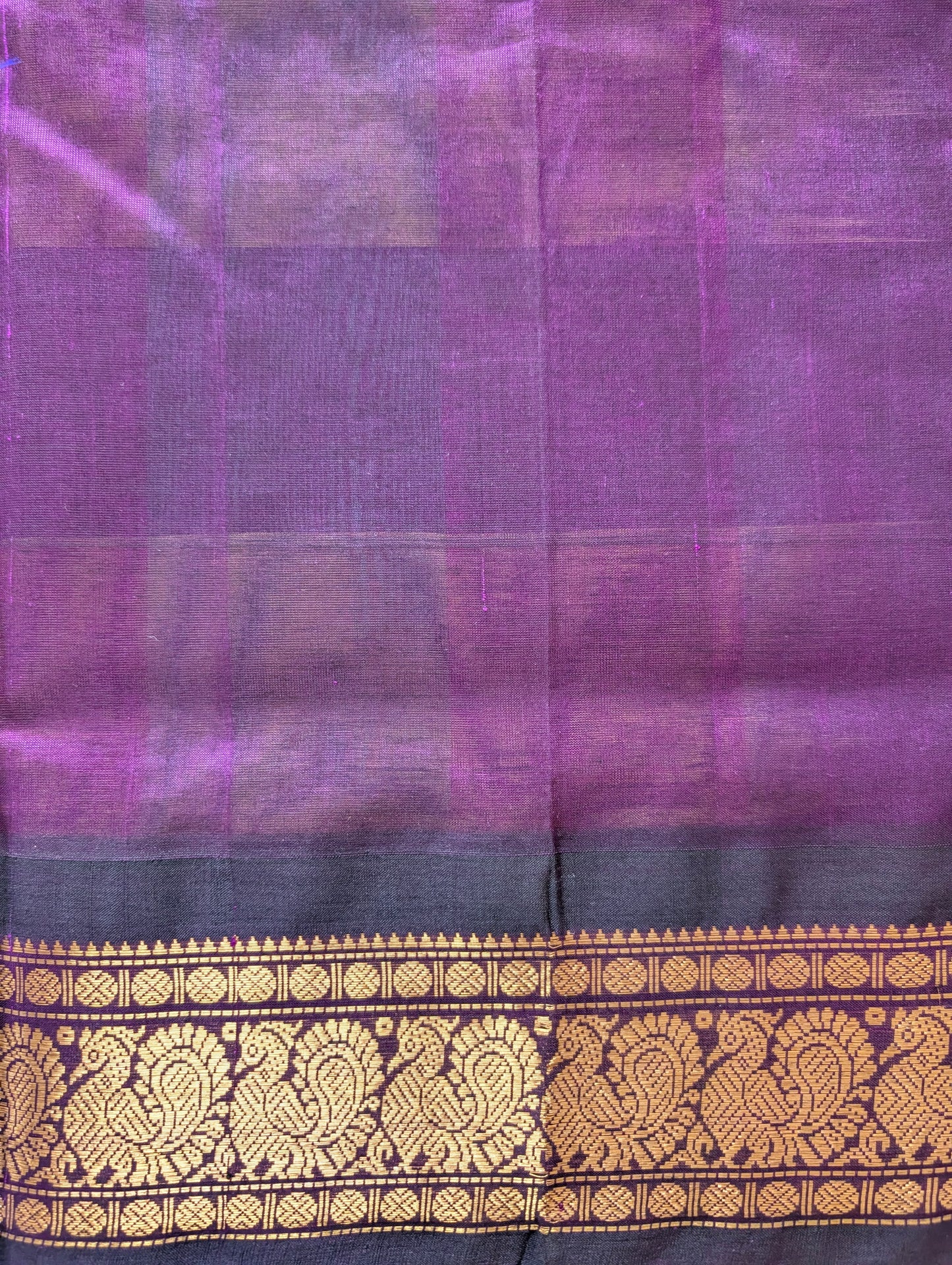 Purple and Teal Checks with Peacock motifs Pure Kanchi Silk Cotton