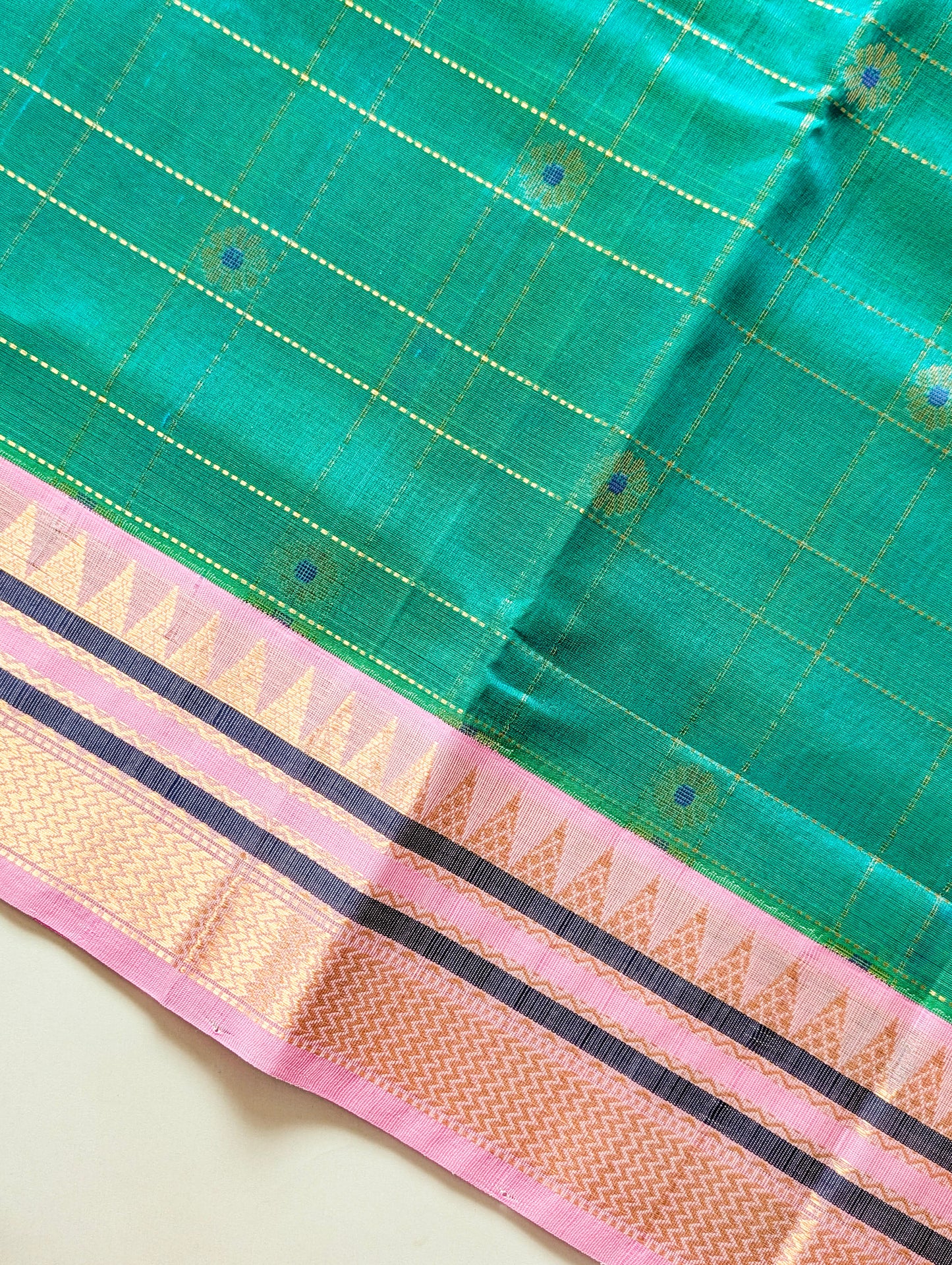 Blue with Baby Pink checks and Buttas Koravi Pure Kanchi silk cotton