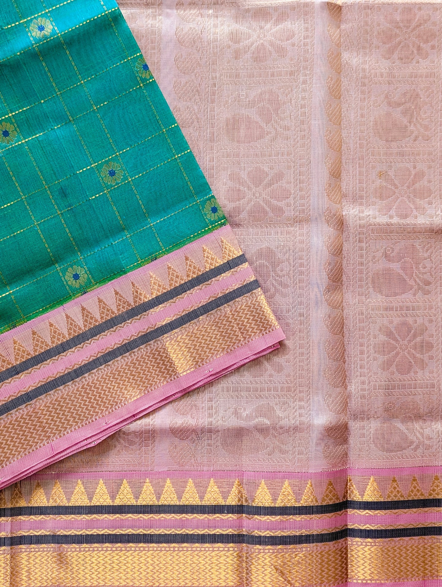 Blue with Baby Pink checks and Buttas Koravi Pure Kanchi silk cotton