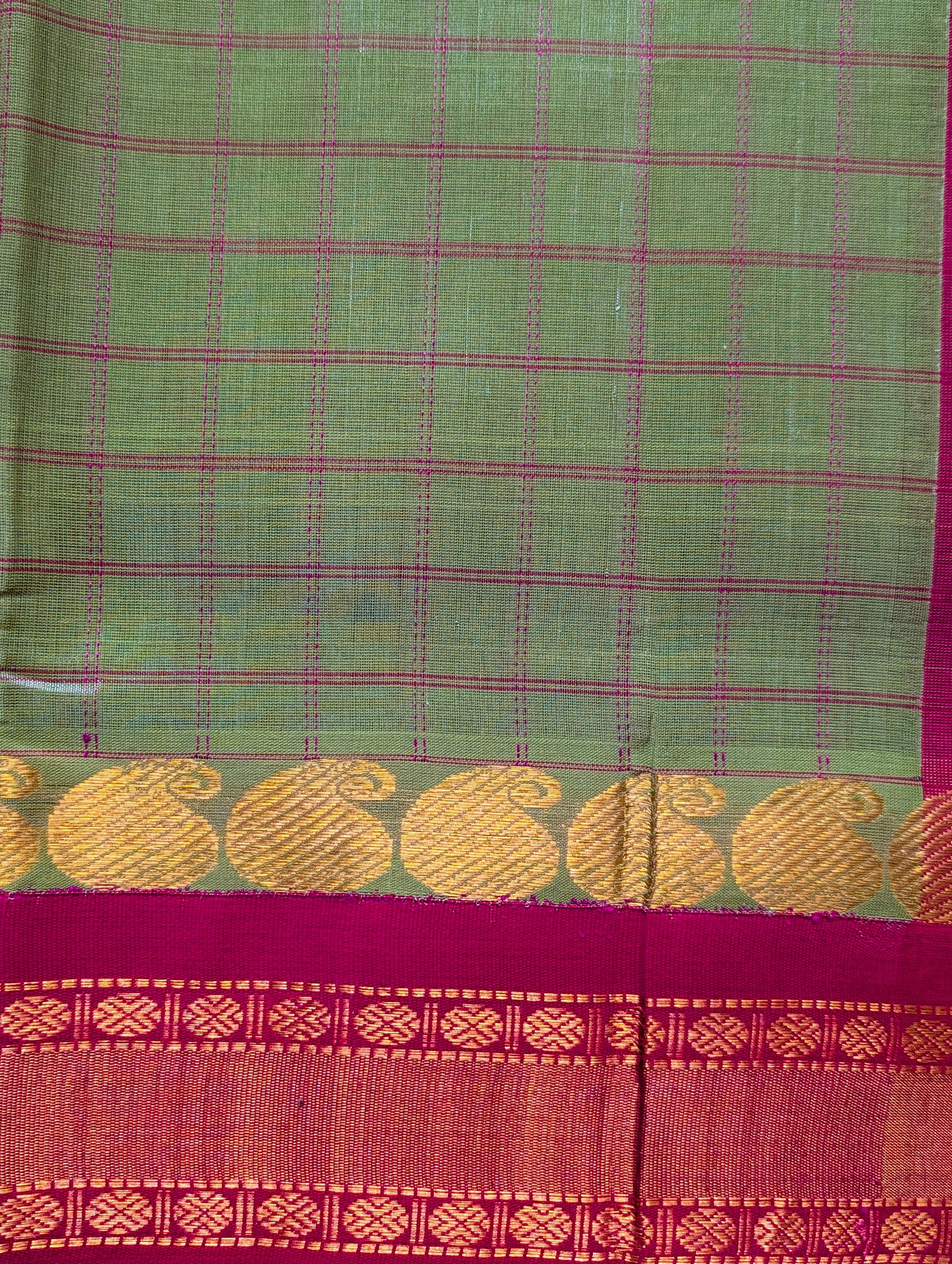 Green with Pink Mango Border checks pure Kanchi silk cotton