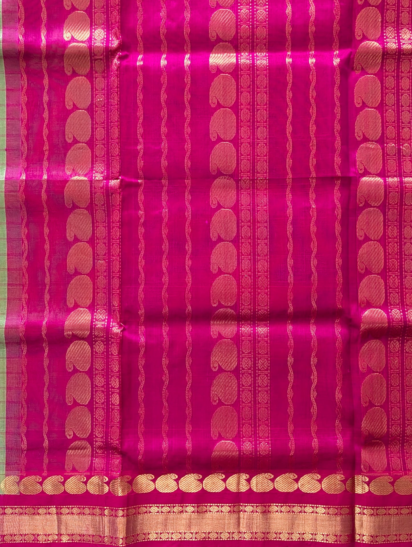 Green with Pink Mango Border checks pure Kanchi silk cotton