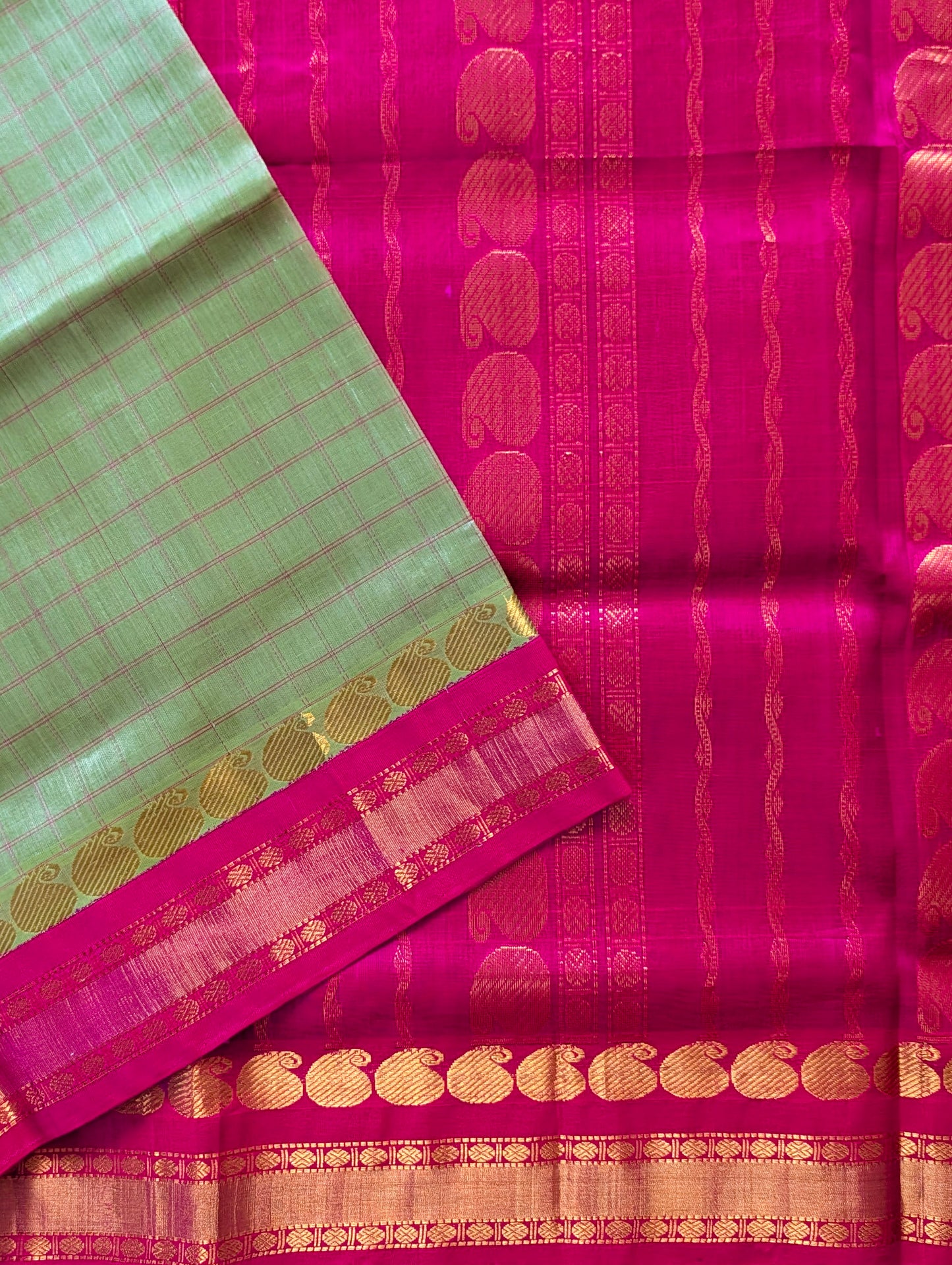 Green with Pink Mango Border checks pure Kanchi silk cotton