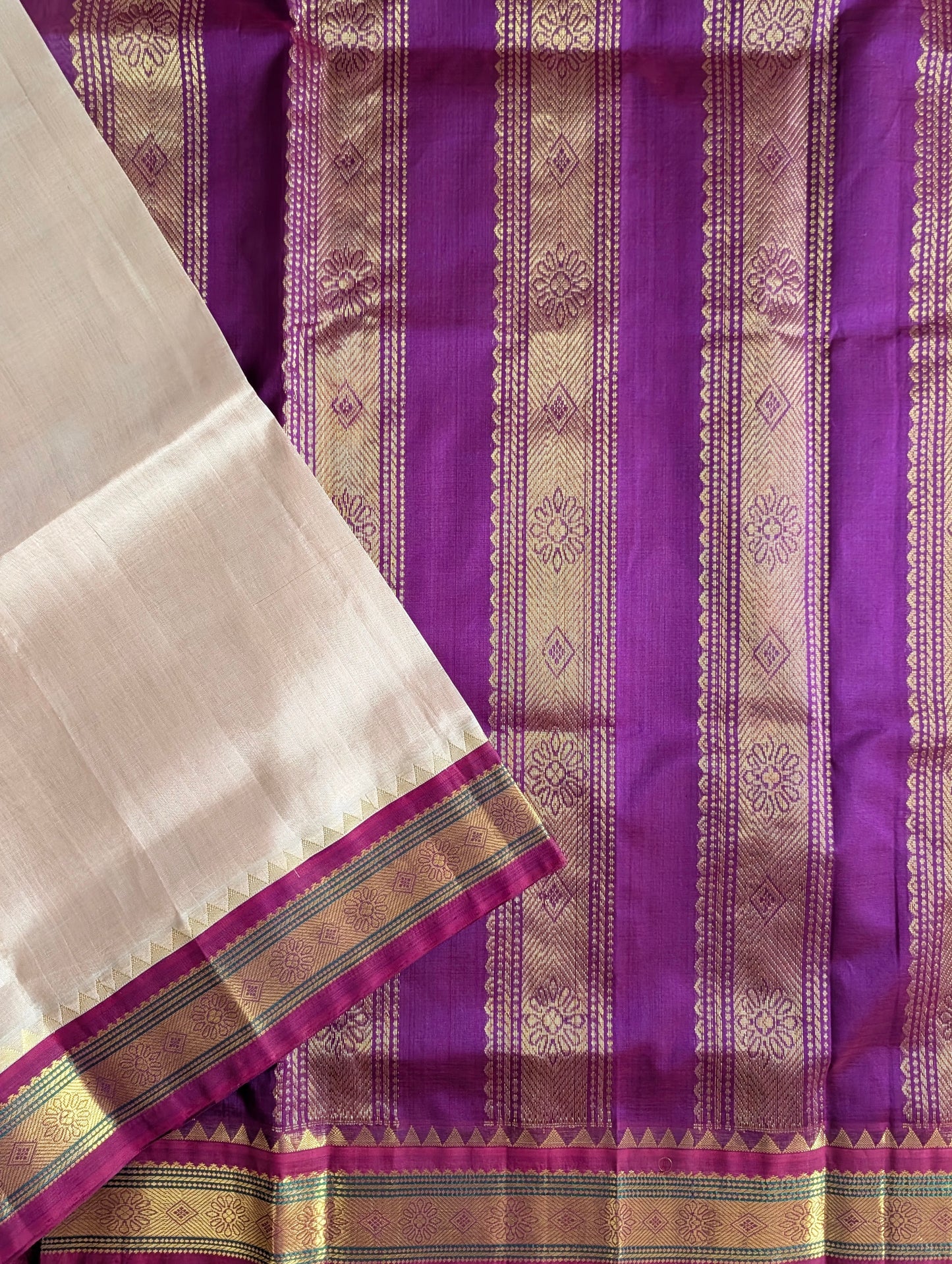 Beige with Purple Pure Kanchi Silk Cotton