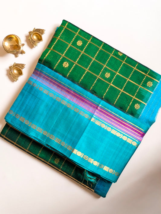 Green with Cyan floral checks Koravi Pure Kanchi silk cotton