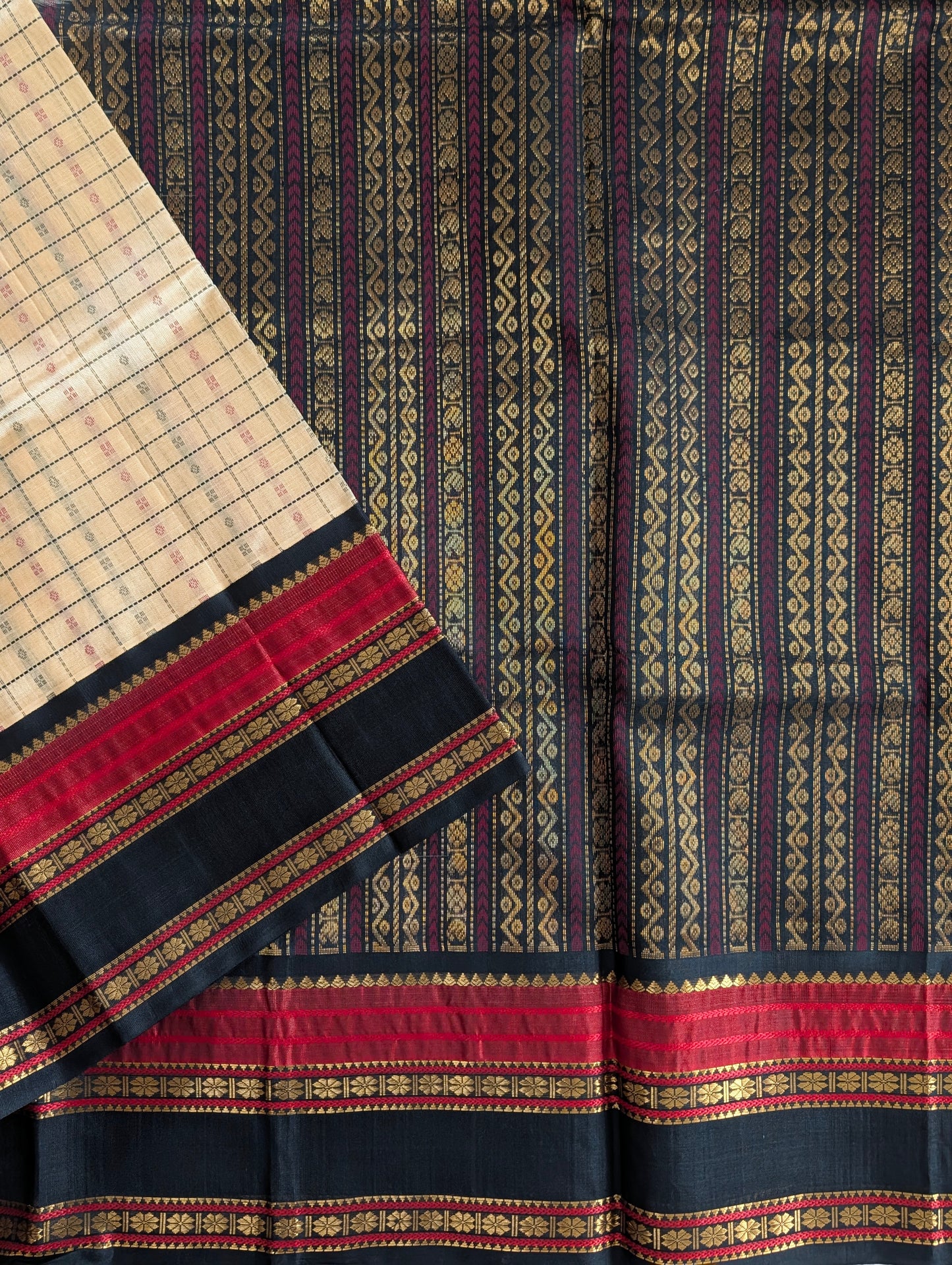 Beige and Black Lakshadeepam Koravi Pure Kanchi silk cotton