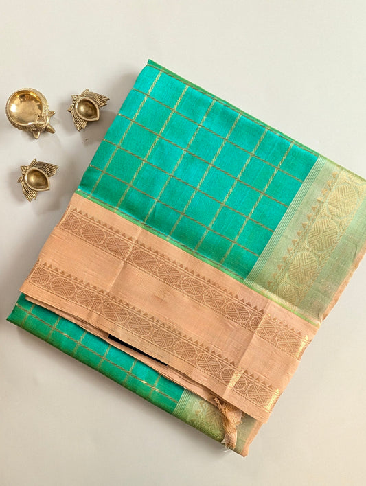 Sea Green With Gold Rettapet Koravi Pure Kanchi silk cotton