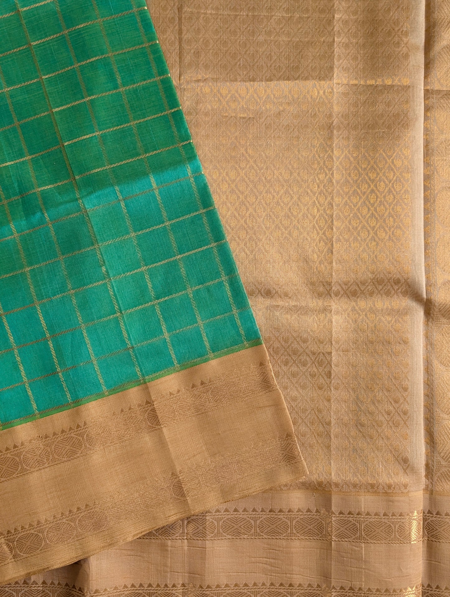 Sea Green With Gold Rettapet Koravi Pure Kanchi silk cotton