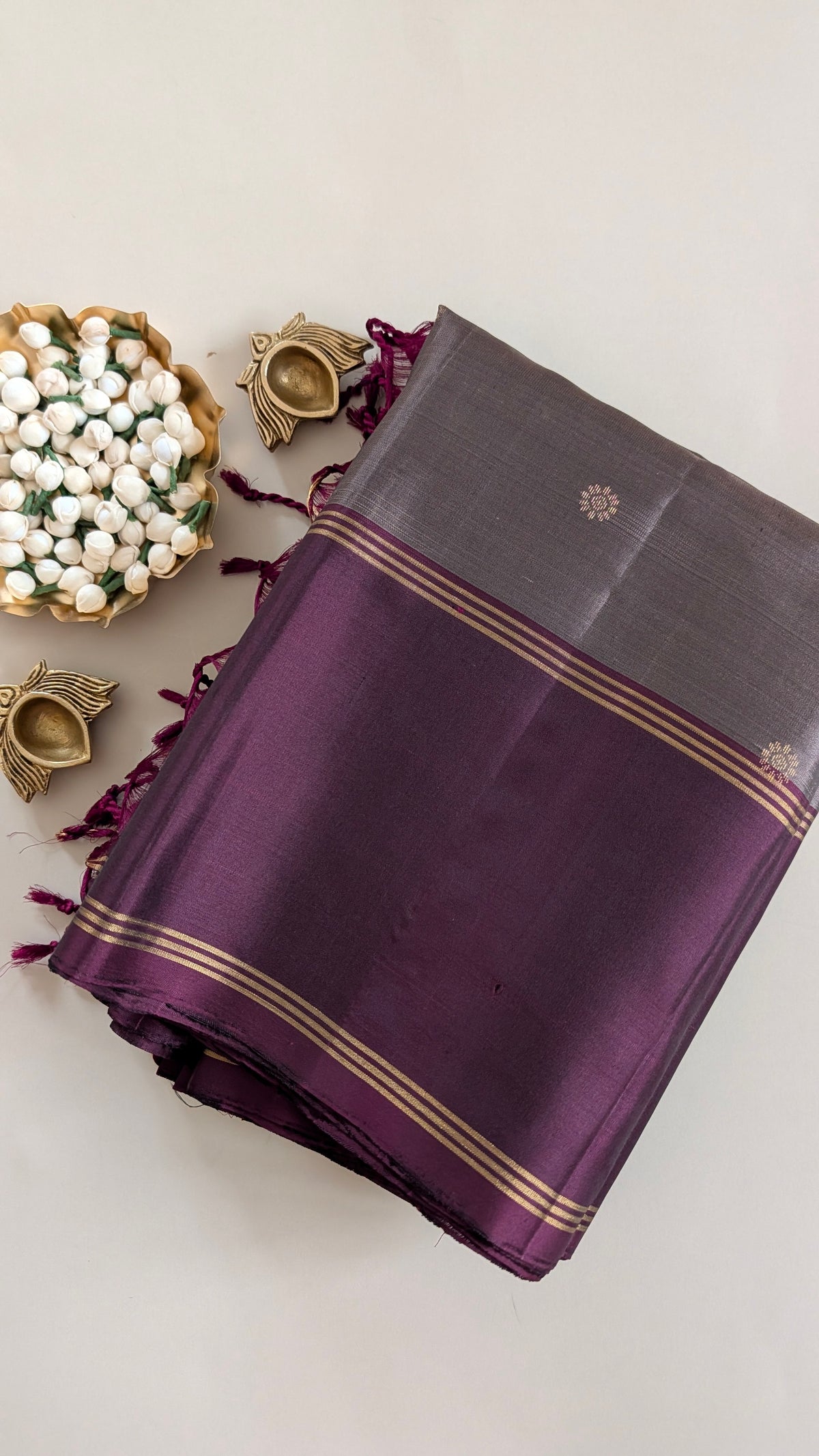 Grey with Brown Butta Pure Soft Silk Saree