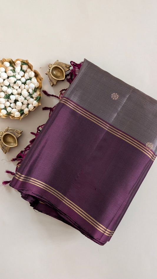 Grey with Brown Butta Pure Soft Silk Saree