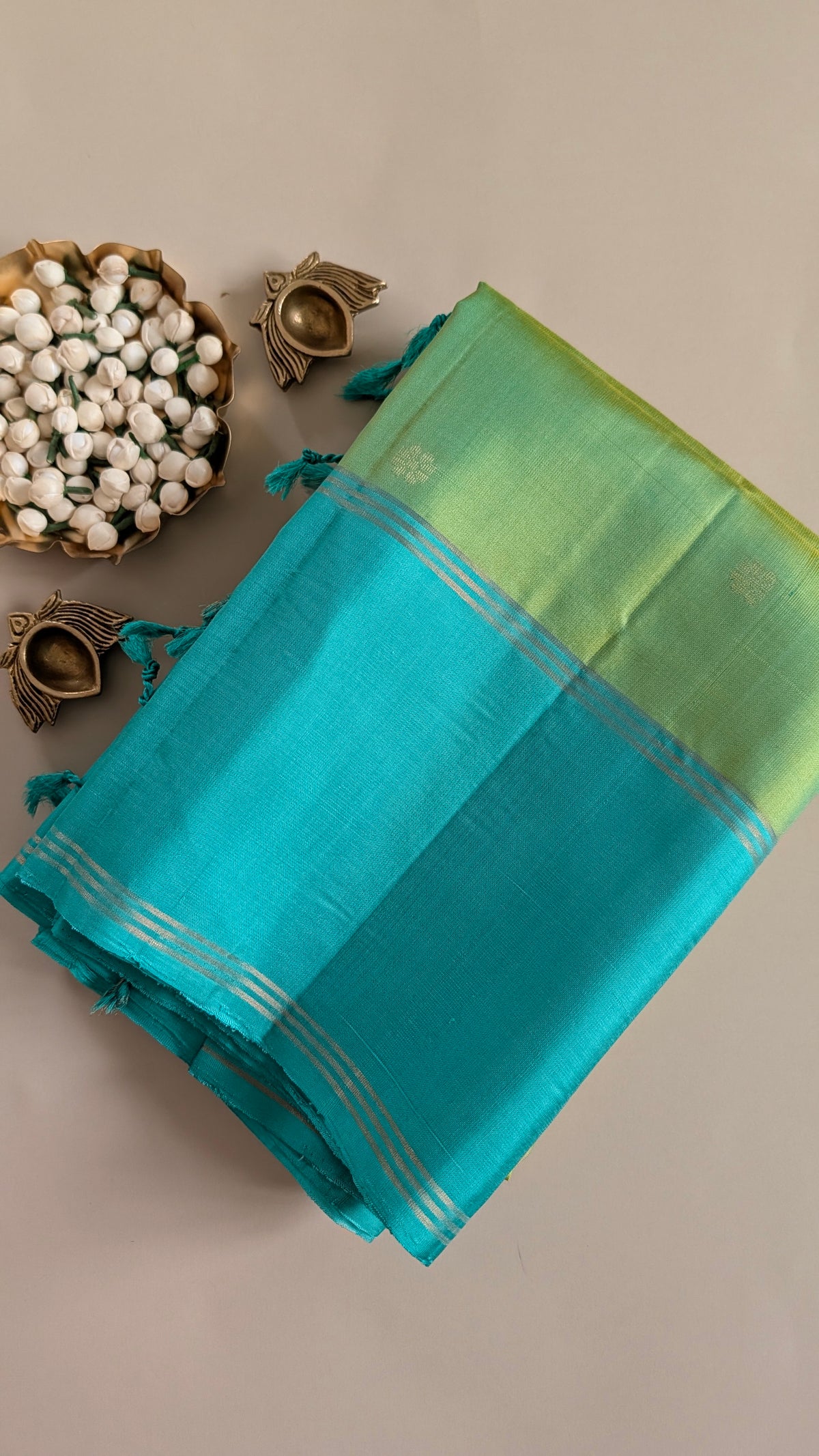 Cyan with Blue floral Buttas Pure Soft Silk Saree