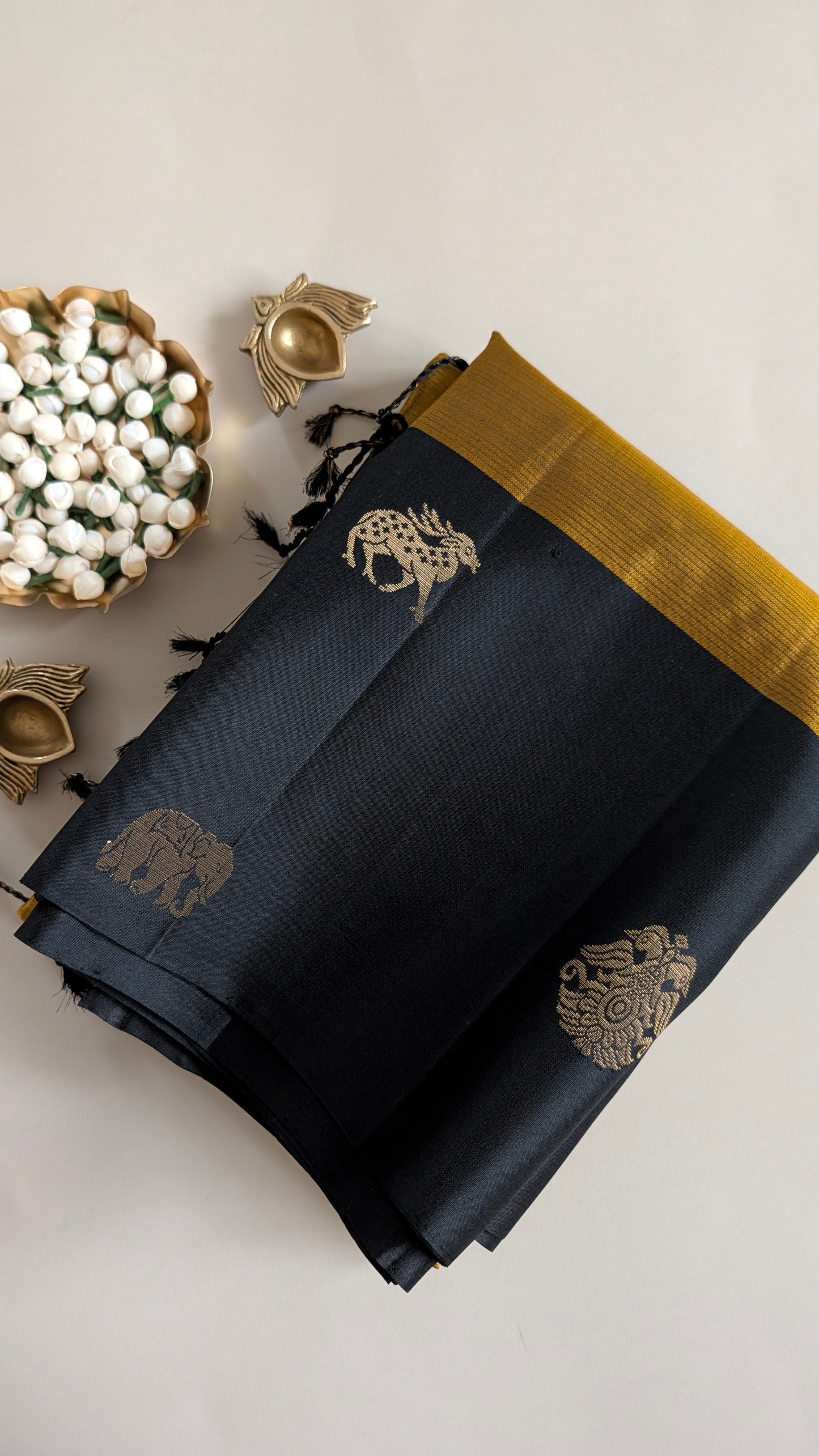 Borderless Golden Yellow with Black Pure Soft Silk Saree