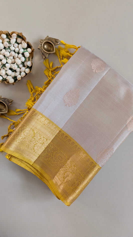 Cream with Yellow Pure Soft Silk Saree