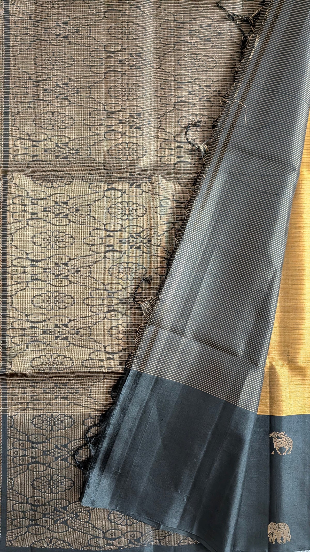 Borderless Golden Yellow with Black Pure Soft Silk Saree