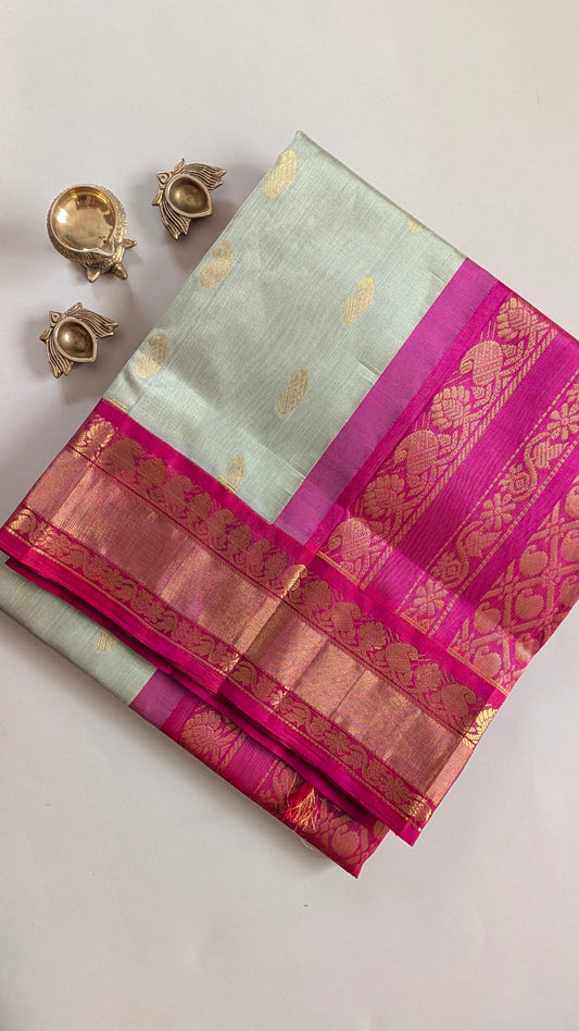 Light Pista Green with Pink Koravi Pure Kanchi silk cotton