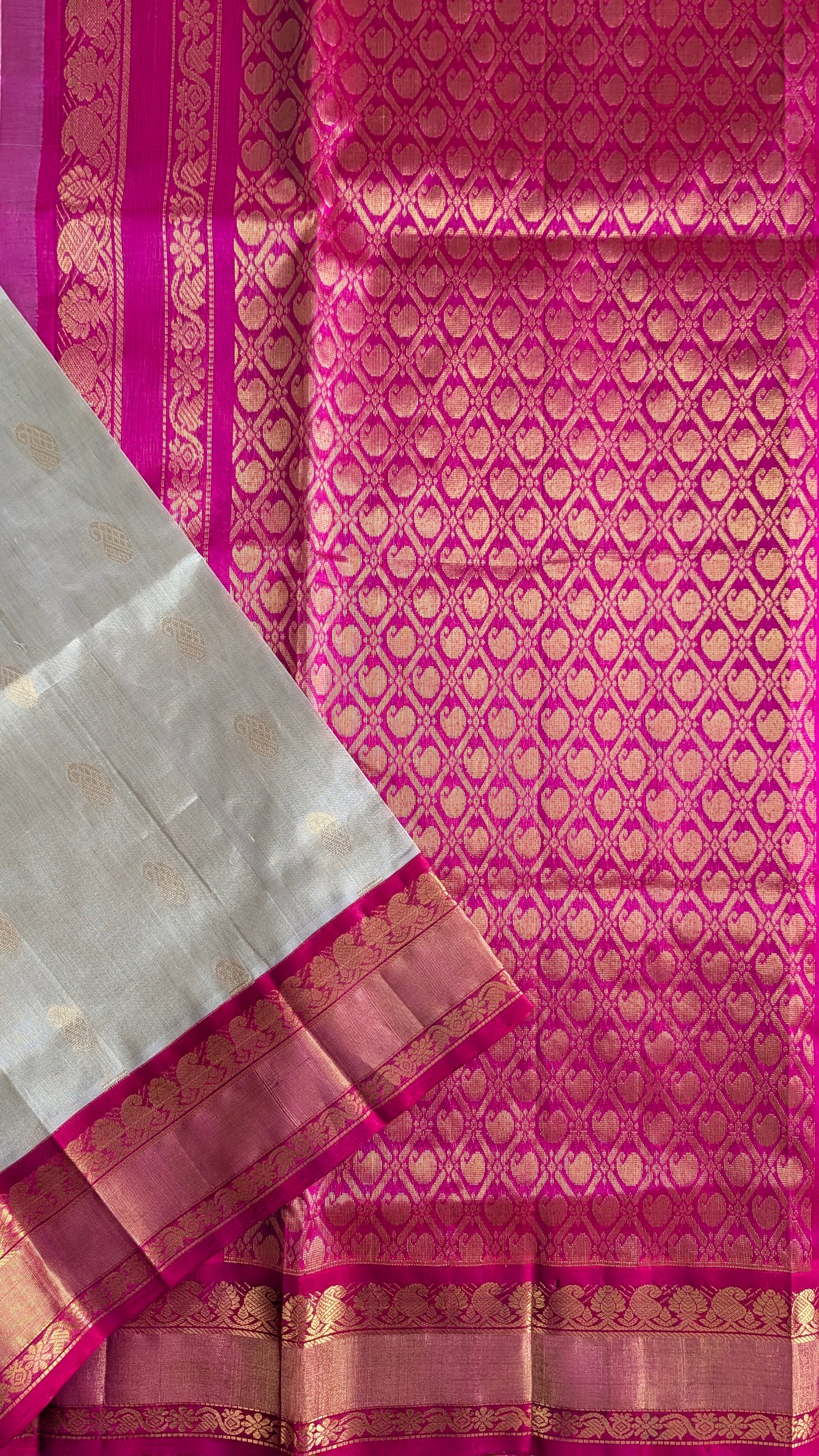 Light Pista Green with Pink Koravi Pure Kanchi silk cotton