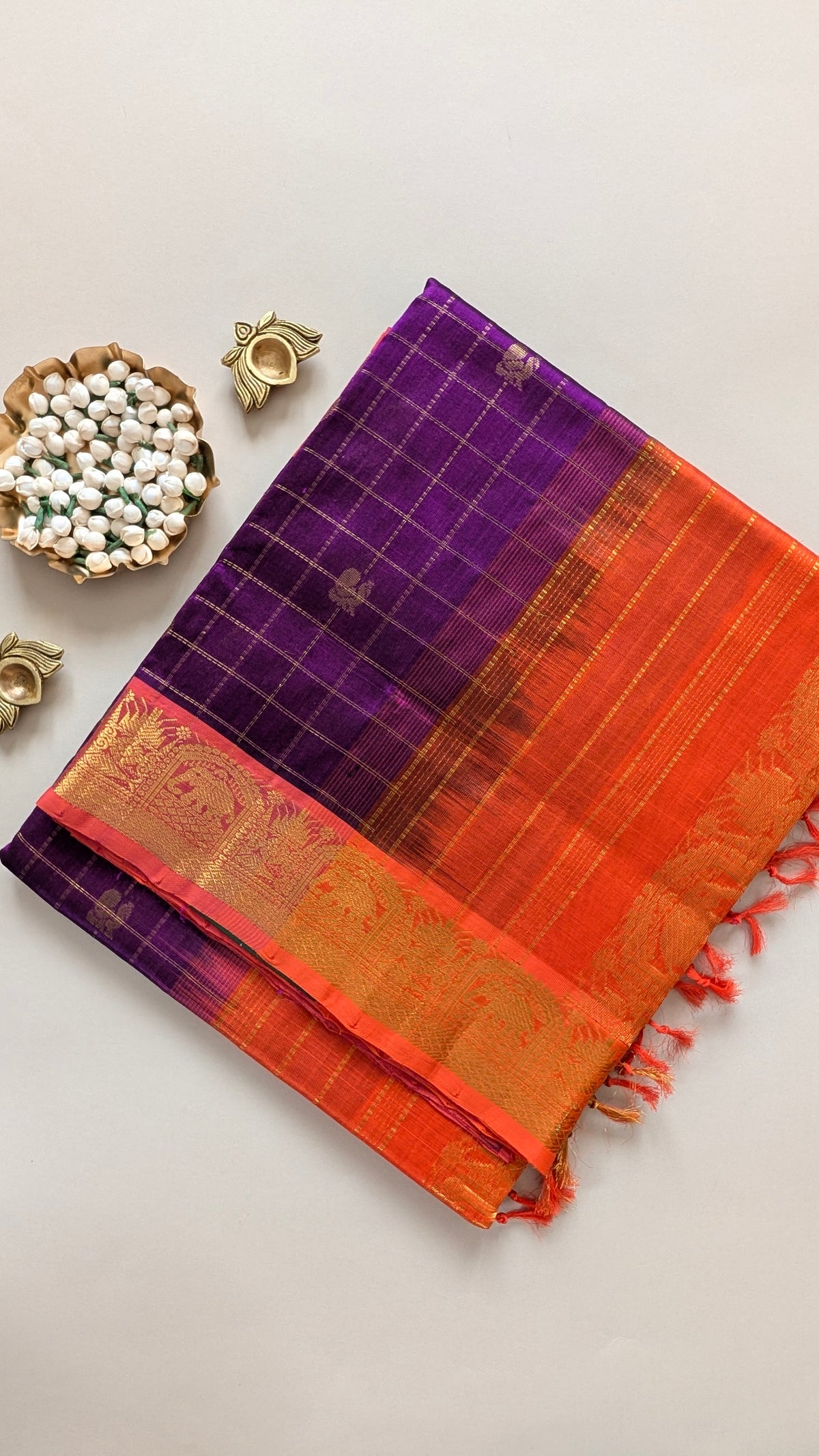 Orange with Purple Koravi Pure Kanchi silk cotton