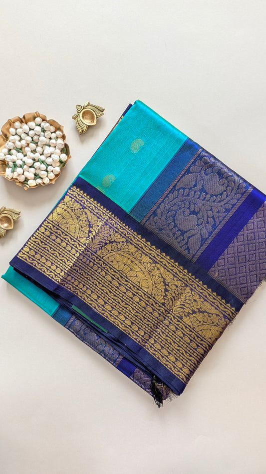 Peacock Blue with Royal Blue Koravi Pure Kanchi silk cotton
