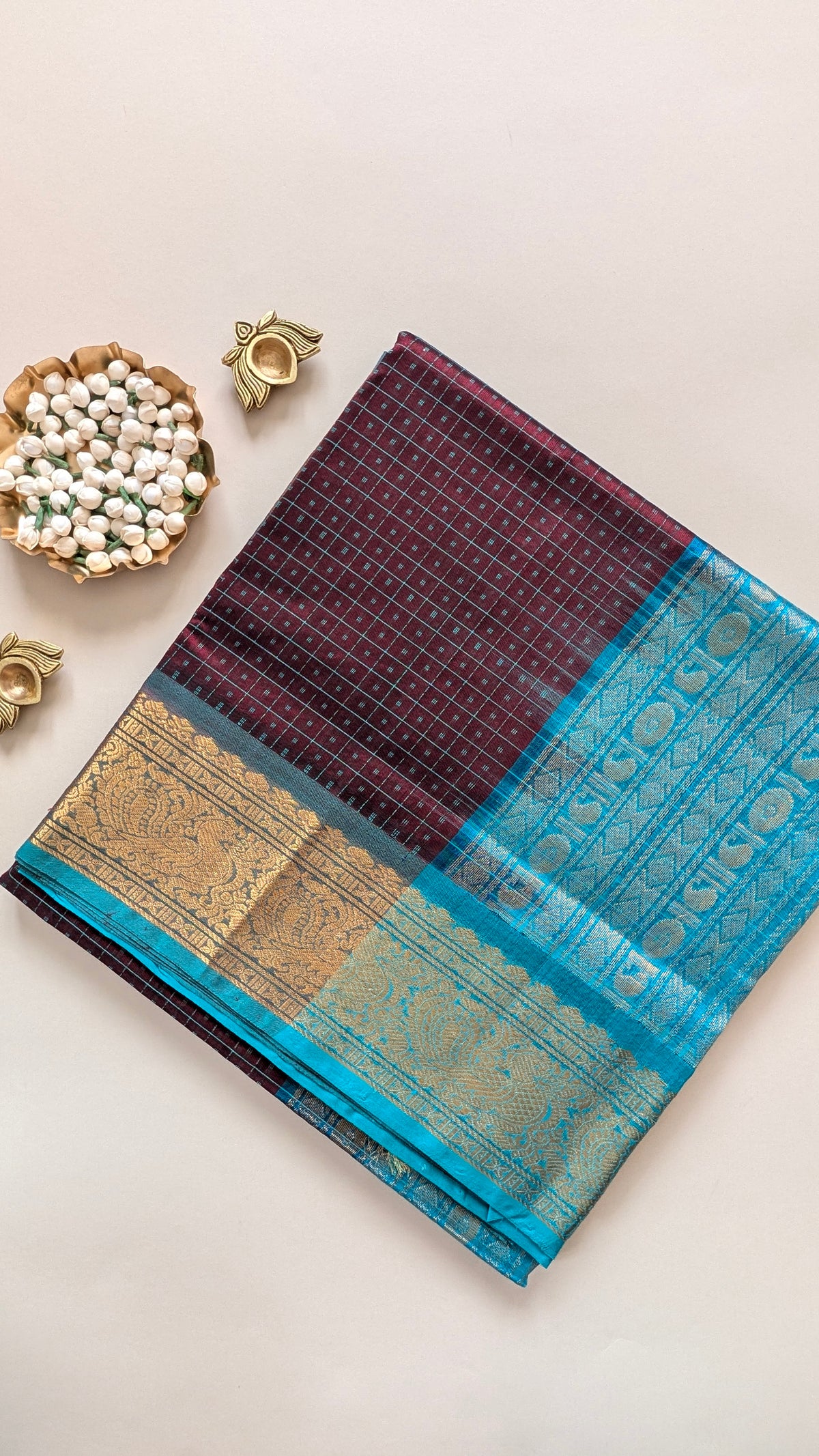 Brown With Turquoise Lakshadweepam Pure Kanchi silk cotton