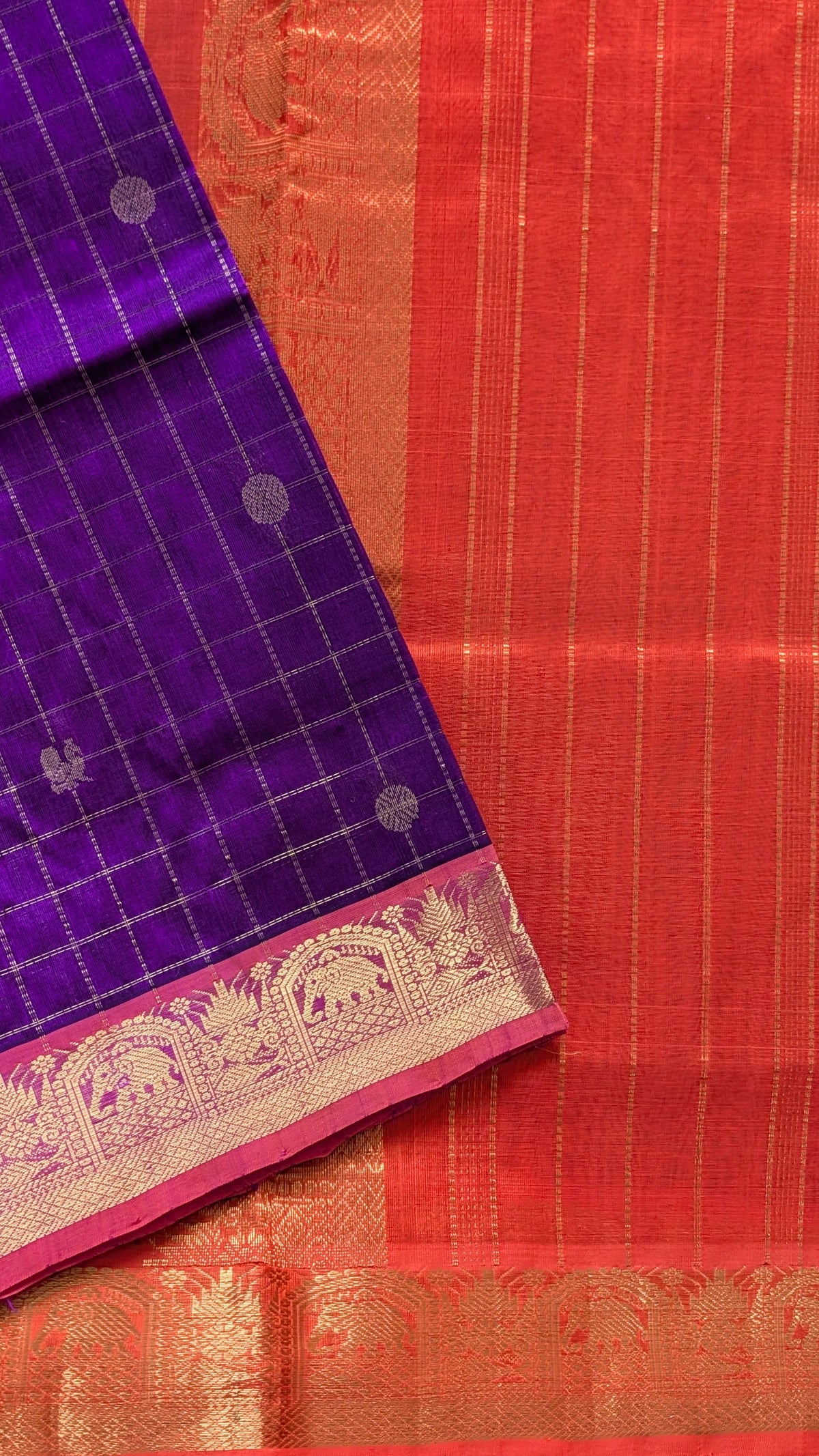 Orange with Purple Koravi Pure Kanchi silk cotton