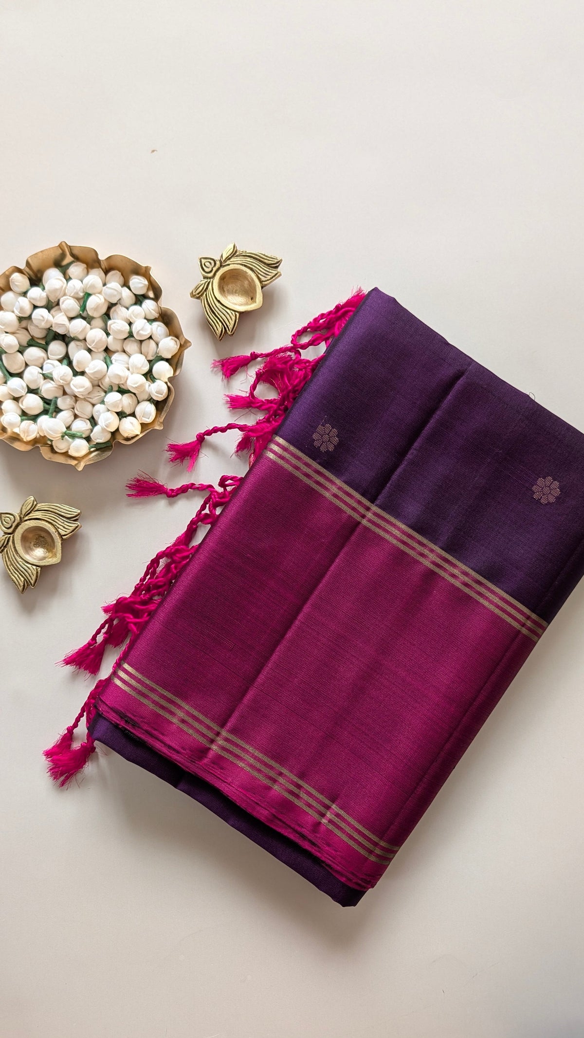 Magenta and Purple flower butta Pure Soft Silk Saree