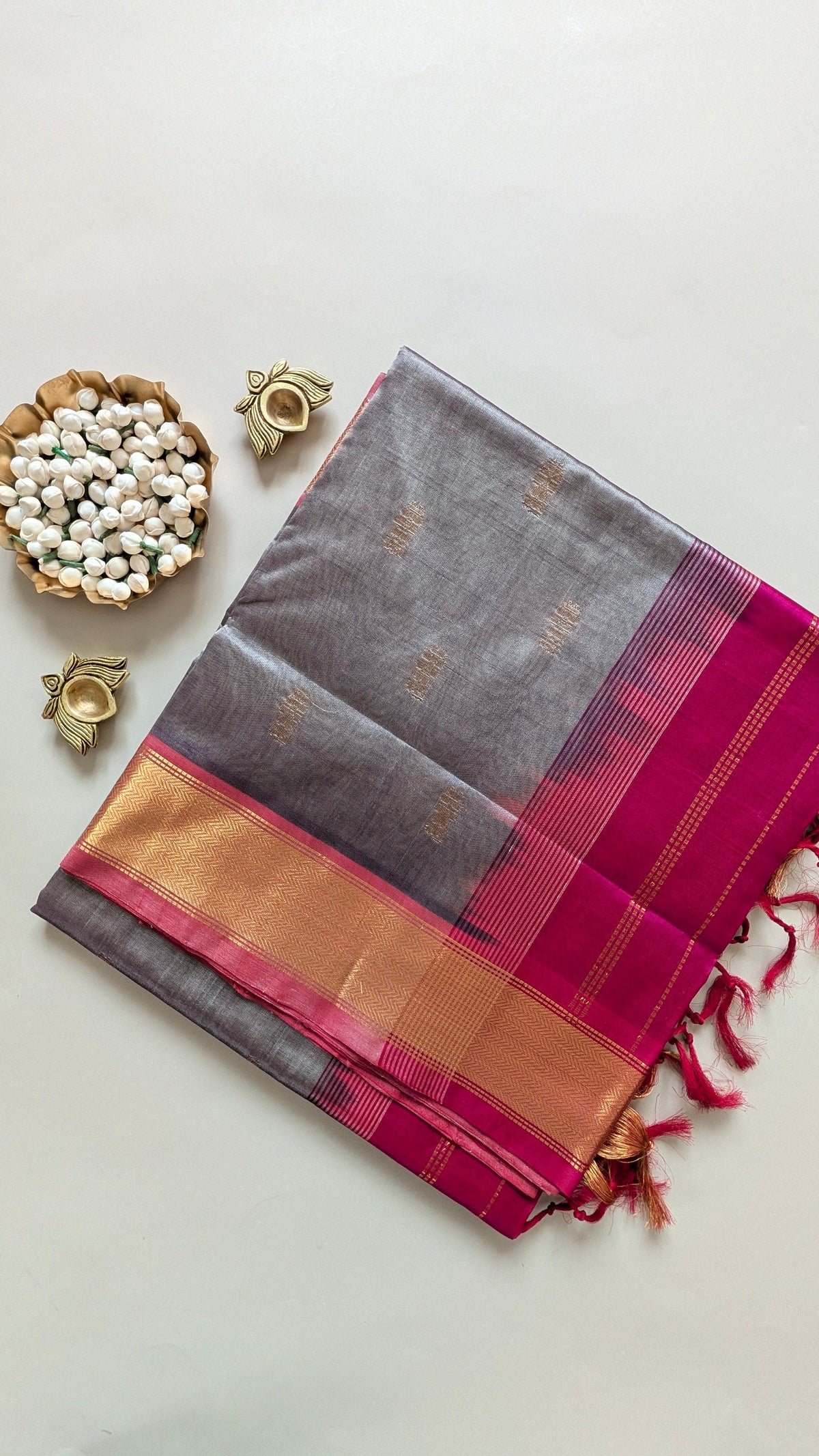 Grey with Pink Pure Kanchi Silk cotton Saree