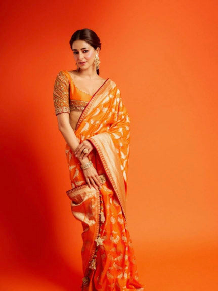 Ananya Maam Inspired Orange Semi Banarasi Silk Saree with Scallop Border