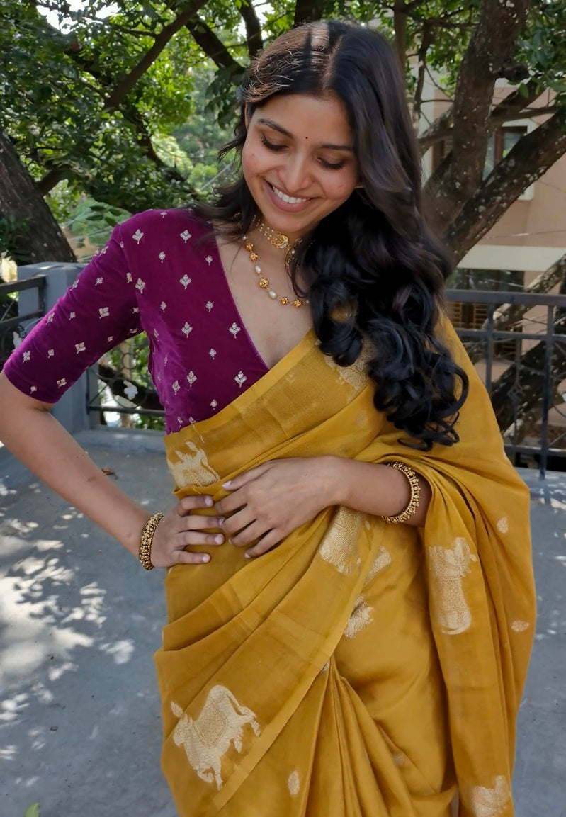 Golden Yellow Pichwai Semi Tissue Silk saree