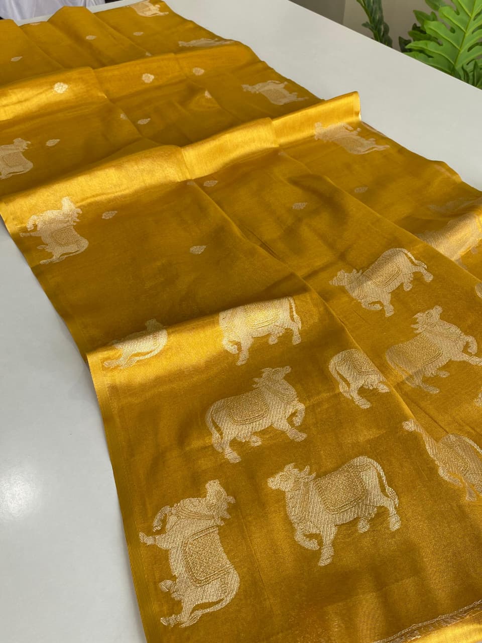 Golden Yellow Pichwai Semi Tissue Silk saree