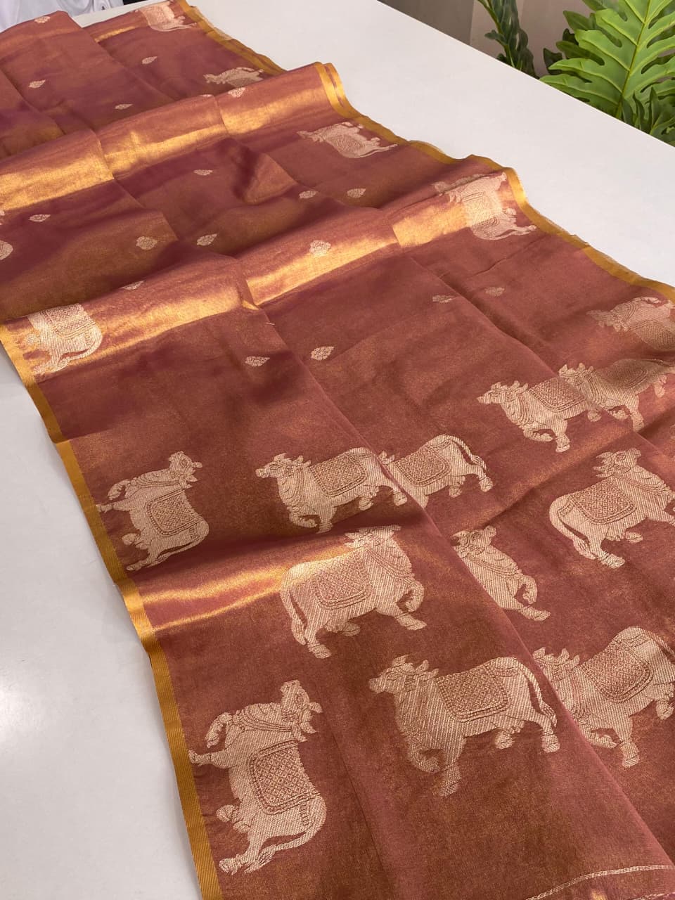 Copper Pichwai Semi Tissue Silk saree